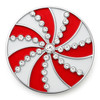 round snap jewelry charm with red and white peppermint swirl design accented by clear rhinestones in a silver-tone setting