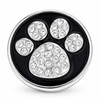 18mm snap jewelry charm with a black enamel background and a silver paw print design studded with clear rhinestones