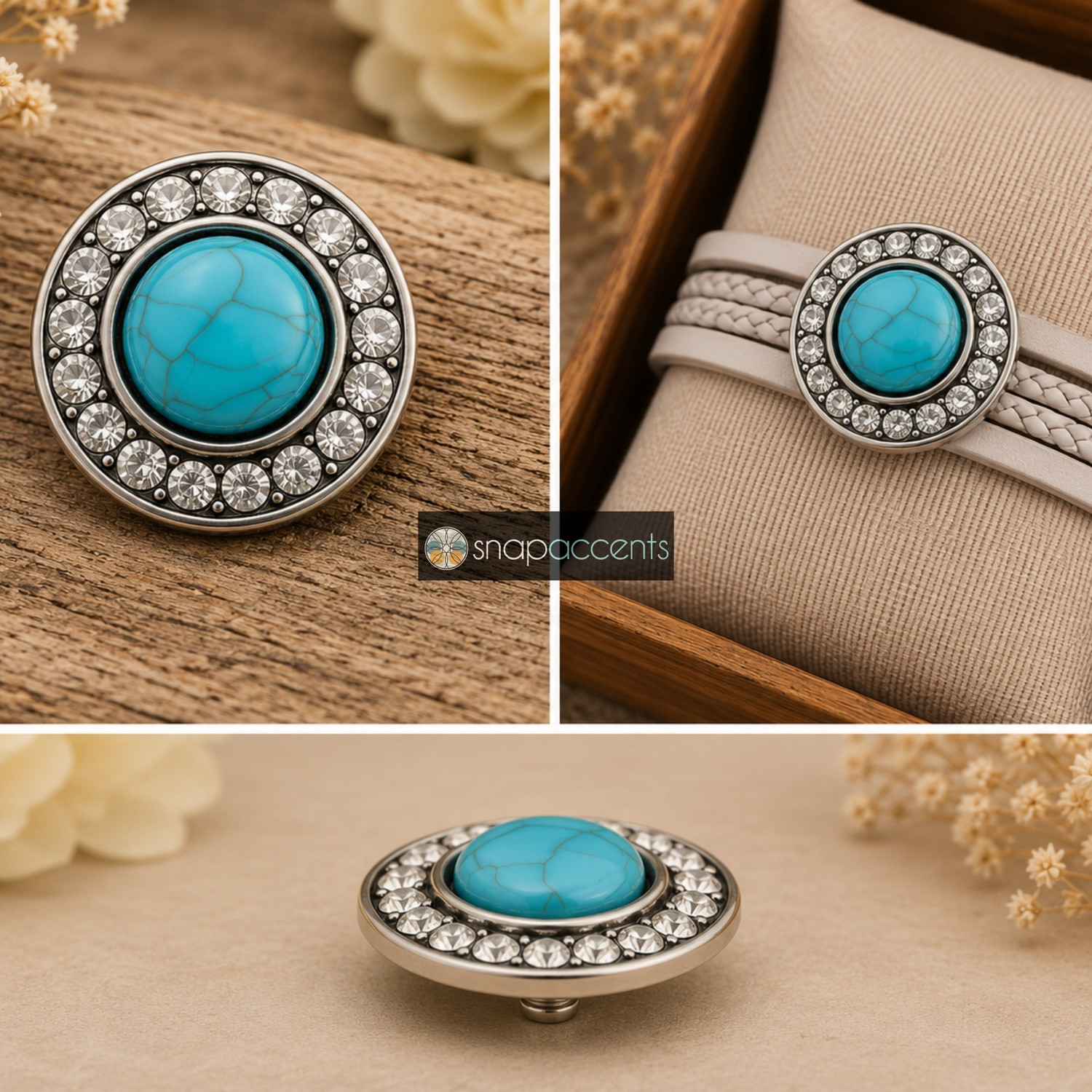 Turquoise snap jewelry charm button - Rhinestone Pearl Snap