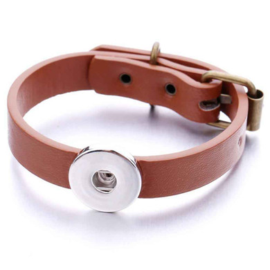 Custom Snap Jewelry Simple Leather Buckle Bracelet - Light Brown Ginger Charm Magnolia Vine Button by SnapAccents