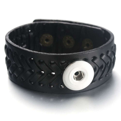Custom Snap Jewelry Leather Weave 1 Snap Bracelet - Black Ginger Charm Magnolia Vine Button by SnapAccents