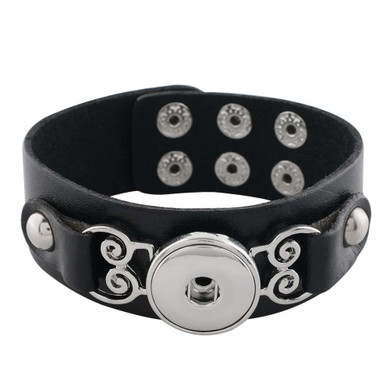 Custom Snap Jewelry Leather Scroll Snap Bracelet Cuff - Black Ginger Charm Magnolia Vine Button by SnapAccents