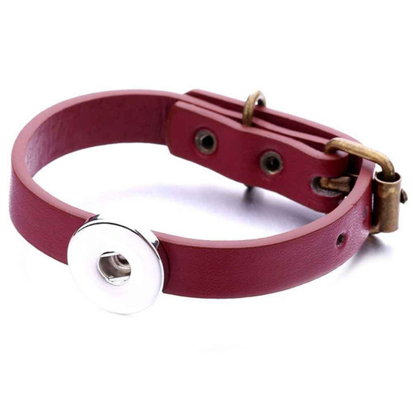 Burgundy leather adjustable snap bracelet with antique brass buckle and silver-tone snap button base for interchangeable SnapAccents jewelry charms, stylish unisex accessory, customizable wristband for personalized fashion.
