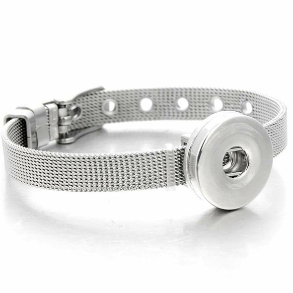 silver mesh snap jewelry bracelet with an adjustable buckle and a polished round snap holder