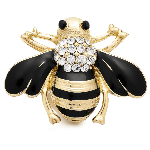 Gold-tone bee snap charm with black enamel wings and body stripes, adorned with clear rhinestones on the thorax, designed for interchangeable SnapAccents jewelry collections.