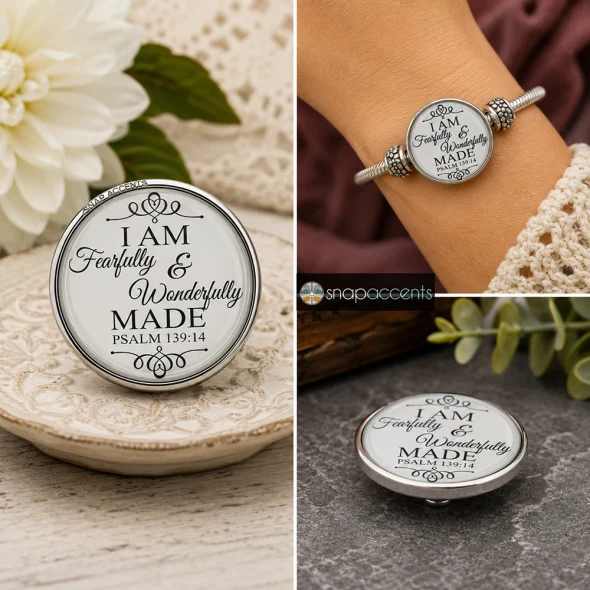Round SnapAccents snap jewelry charm with inspirational Psalm 139:14 quote "I am fearfully & wonderfully made," elegant script design, silver-tone metal frame, displayed on soft fabric with cozy background, perfect for faith-based personalized snap jewelry accessories.
