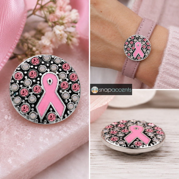 Round snap jewelry charm with a pink enamel ribbon center surrounded by pink and clear rhinestones, shown loose and on a pink leather bracelet