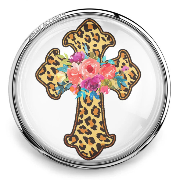 SnapAccents snap jewelry featuring a leopard print cross design with vibrant pink, purple, and orange floral accents, set in a clear round snap charm with silver metal trim, perfect for interchangeable snap jewelry collections.