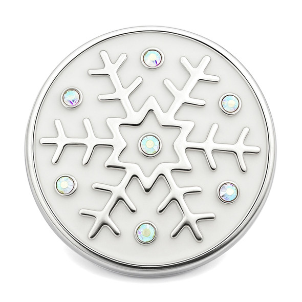 round snap jewelry charm with a white enamel background featuring a silver snowflake design accented by iridescent AB crystals