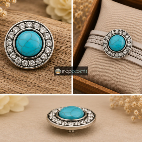 snap jewelry charm with a round turquoise center stone surrounded by a circle of clear rhinestones in a silver-tone setting, shown loose and attached to a beige braided bracelet