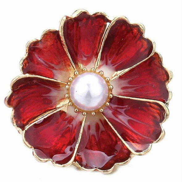 red enamel flower snap jewelry charm with gold edges and a white pearl center