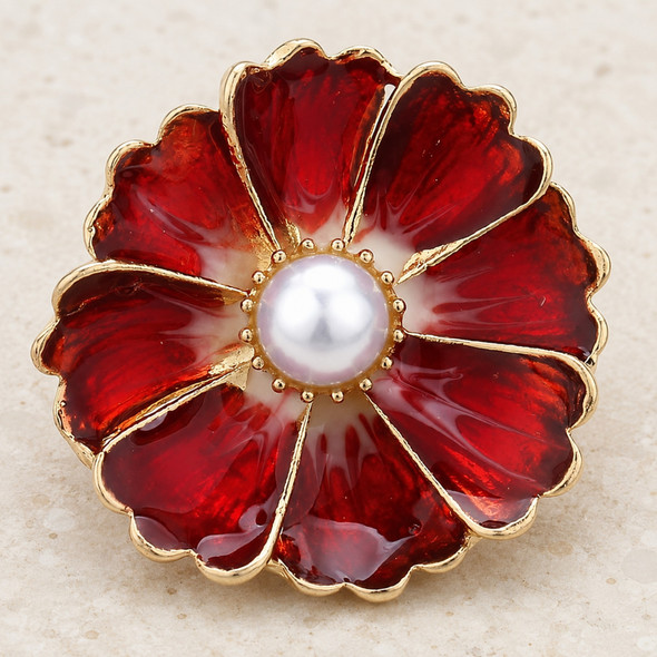 red enamel flower snap jewelry charm with gold edges and a white pearl center