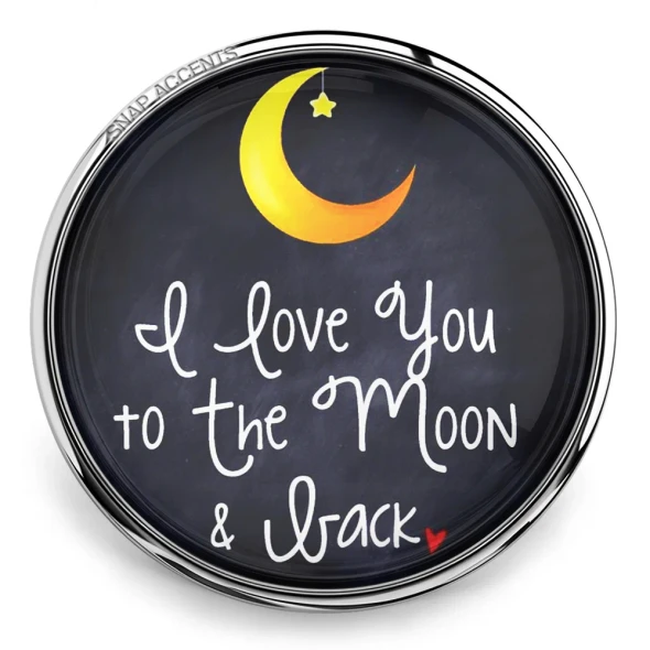 SnapAccents snap jewelry charm with "I love you to the Moon & back" text, featuring a yellow crescent moon and star design on a black background, perfect for personalized snap bracelets, necklaces, and gifts.