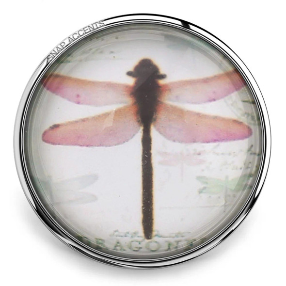 SnapAccents round snap jewelry charm featuring a delicate pink and brown dragonfly design under clear glass with a silver metal frame, perfect for interchangeable snap bracelets, necklaces, and accessories.