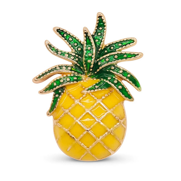 Yellow and green enamel pineapple snap charm with gold-tone detailing, SnapAccents interchangeable jewelry accessory, tropical fruit design, vibrant and glossy finish, perfect for snap bracelets, necklaces, and customizable jewelry collections.