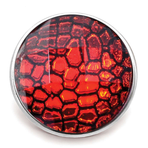 Red and black textured snap jewelry charm with a glossy finish, featuring a vibrant reptile skin pattern, designed for interchangeable SnapAccents snap jewelry accessories.