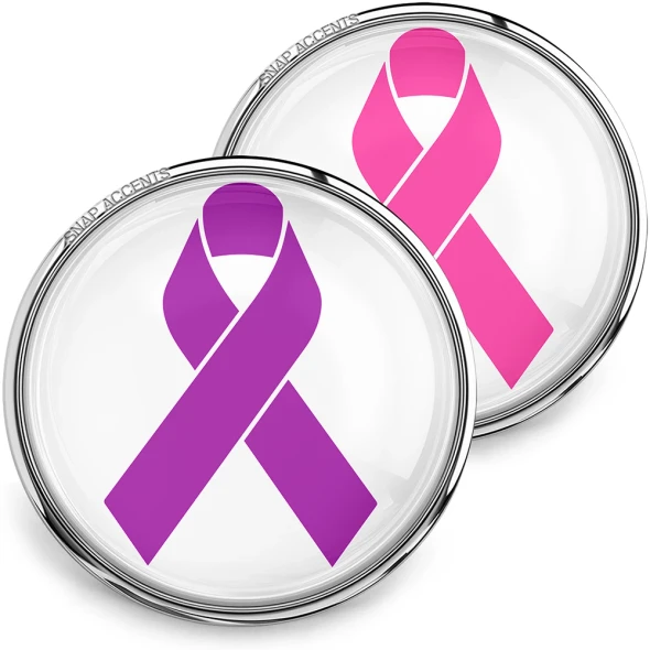SnapAccents snap jewelry featuring interchangeable purple and pink awareness ribbon snaps, perfect for customizable bracelets or accessories, displayed on a soft beige knit fabric background.