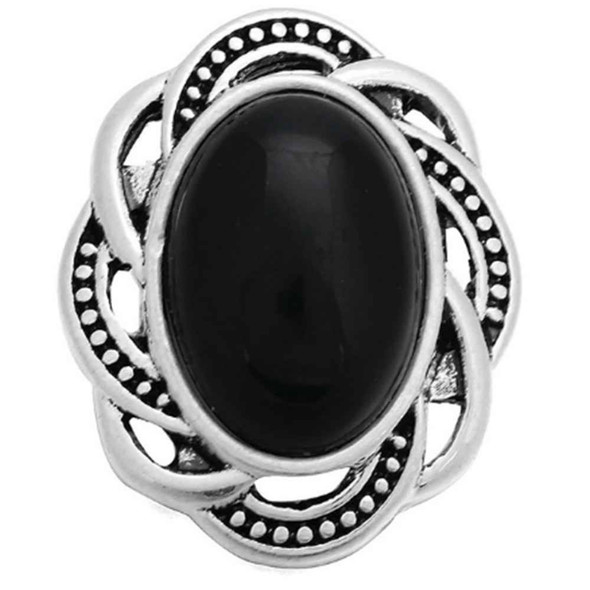snap jewelry charm with a polished oval black pearl center and an intricate silver-toned frame with dotted detailing