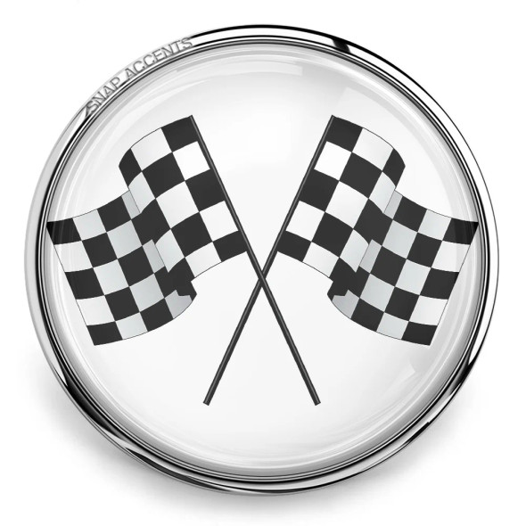 SnapAccents round snap jewelry charm featuring crossed black and white checkered racing flags design, silver-tone metal frame, interchangeable accessory for bracelets and necklaces, motorsport and racing fan gift, stylish and durable snap button jewelry piece.