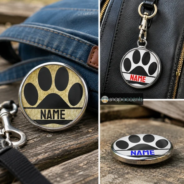 SnapAccents customizable snap jewelry featuring black paw print design on white and gold backgrounds with bold "NAME" text, perfect for pet lovers, interchangeable snap charm accessories, stylish and personalized gift idea.
