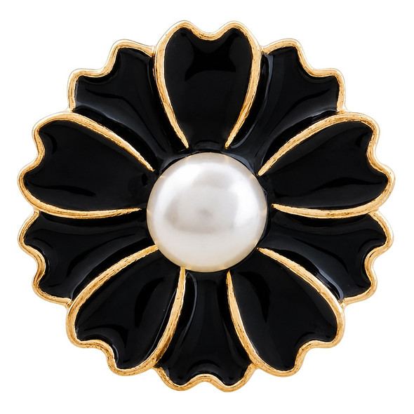 black enamel flower snap jewelry charm with gold trim and a white pearl center