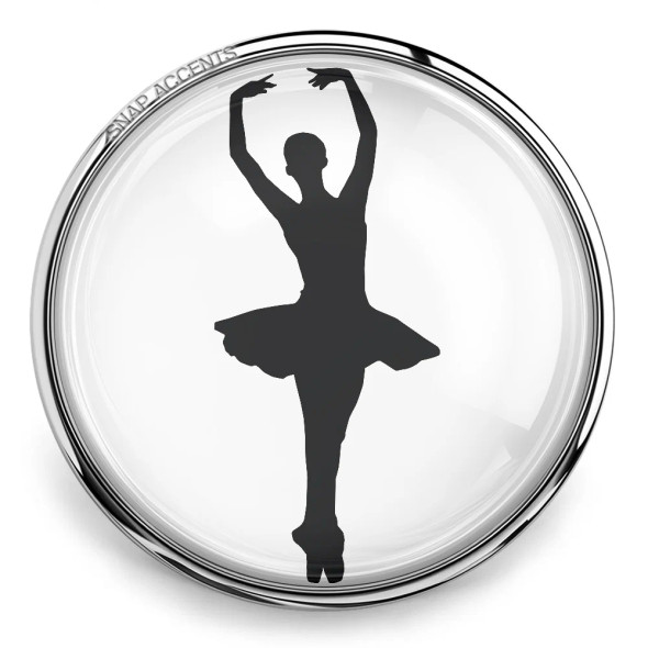 SnapAccents round snap jewelry charm featuring a black silhouette of a ballerina dancer in a tutu with arms raised, set in a clear glass dome with silver metal trim, perfect for dance lovers and ballet-themed accessories.