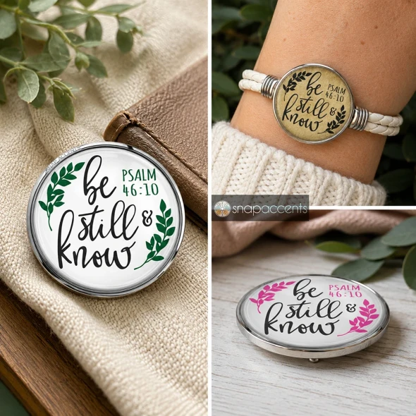 Round SnapAccents snap jewelry charm with "Be Still & Know Psalm 46:10" inspirational scripture text and green leaf design, silver metal frame, displayed on beige fabric and wooden surface, perfect for interchangeable snap jewelry accessories.