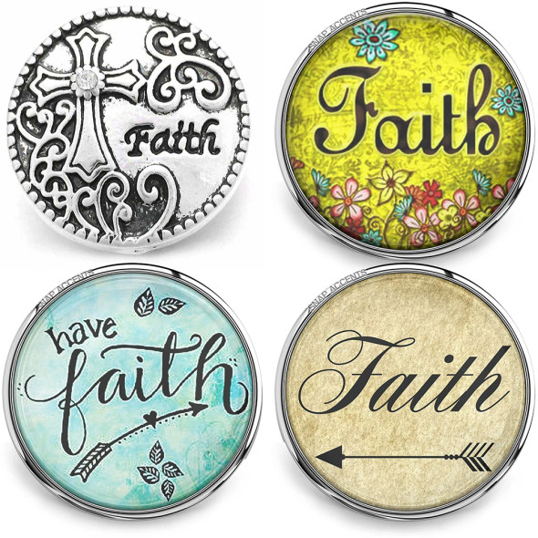 SnapAccents faith snap jewelry buttons set, includes silver cross with crystal, colorful floral faith design, blue have faith script with arrow, vintage beige faith with arrow, interchangeable snap charms for bracelets and accessories.