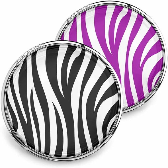 SnapAccents snap jewelry interchangeable buttons featuring bold zebra print designs in black and white and purple and white, perfect for customizable snap charm bracelets, necklaces, and accessories.