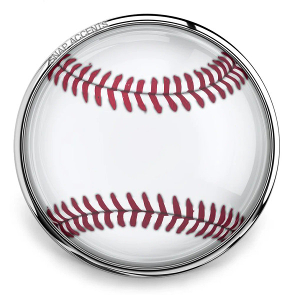 Clear SnapAccents snap jewelry charm featuring a realistic baseball design with red stitching and silver metal frame, perfect for sports-themed bracelets and accessories.