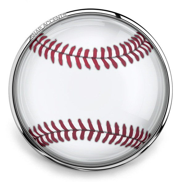 round snap jewelry charm resembling a baseball with white background and red stitching encased in a silver metal base