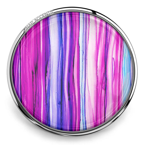 SnapAccents round snap jewelry charm with vibrant vertical stripes in shades of pink, purple, blue, and white, featuring a polished silver-tone metal frame, perfect for interchangeable snap bracelets and accessories.