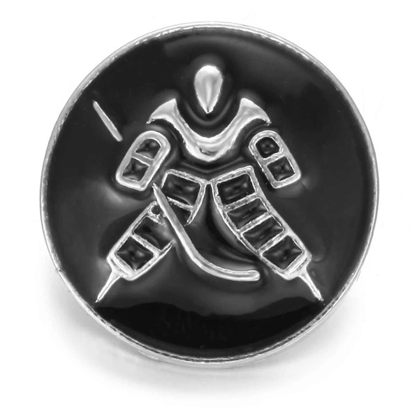 round snap jewelry charm with black enamel background featuring a silver hockey player design in goalie stance