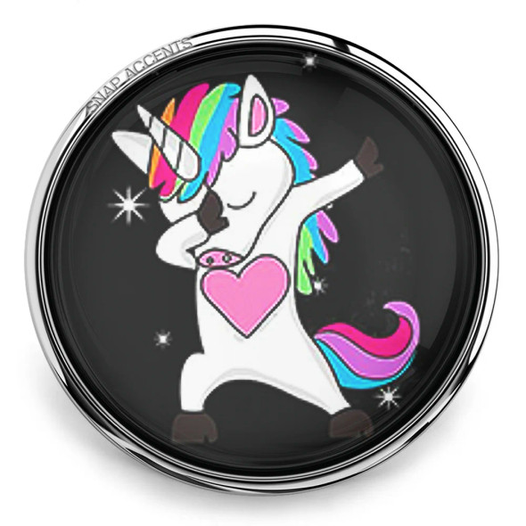 SnapAccents snap jewelry charm featuring a colorful dabbing unicorn with rainbow mane and tail, pink heart on chest, set against a black background, perfect for interchangeable snap bracelets and accessories.
