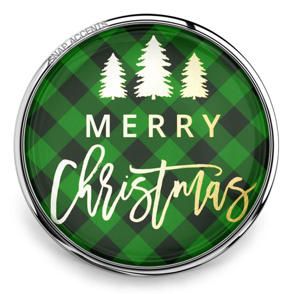 SnapAccents snap jewelry charm with green buffalo plaid background, gold foil "Merry Christmas" text, and three white Christmas tree silhouettes, festive holiday accessory for interchangeable snap jewelry.