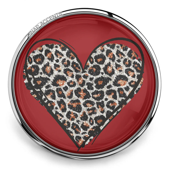 SnapAccents snap jewelry charm with red background and glittery leopard print heart design, interchangeable snap button accessory for bracelets and necklaces, trendy animal print heart snap charm for women and girls.
