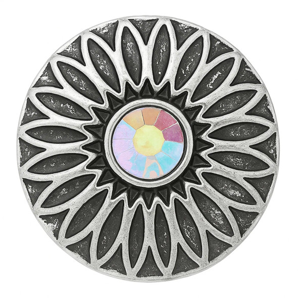 Round SnapAccents snap jewelry charm with intricate silver floral design and central iridescent multicolor gem, perfect for interchangeable snap bracelets and accessories.