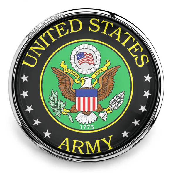 SnapAccents United States Army snap jewelry charm featuring the official Army emblem with eagle, shield, and stars, patriotic military accessory for snap bracelets and interchangeable jewelry.