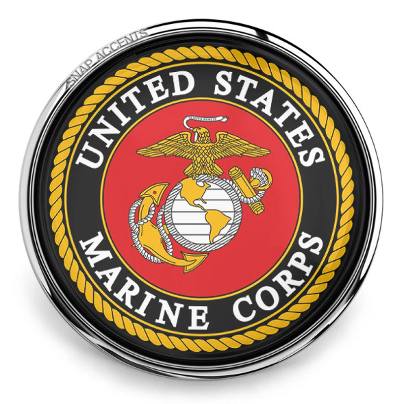 United States Marine Corps snap jewelry charm with eagle, globe, and anchor emblem, red and black background, gold rope border, SnapAccents brand accessory for patriotic military-themed fashion.