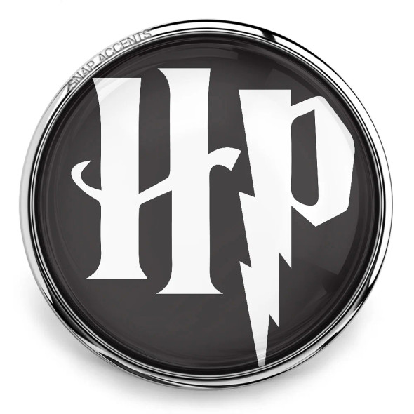 SnapAccents round snap jewelry charm with black background and white stylized "Hp" letters, silver metal frame, interchangeable accessory for bracelets and necklaces, trendy fashion snap button charm.