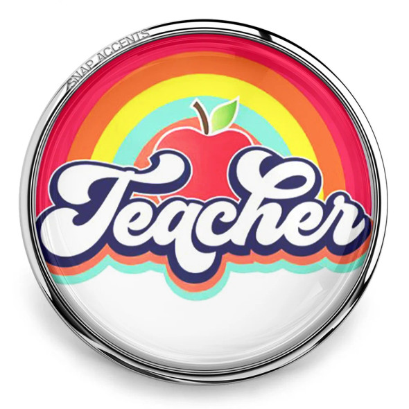 SnapAccents teacher snap jewelry charm with colorful retro rainbow background and red apple design, perfect for teacher gifts, school accessories, and snap button bracelets.