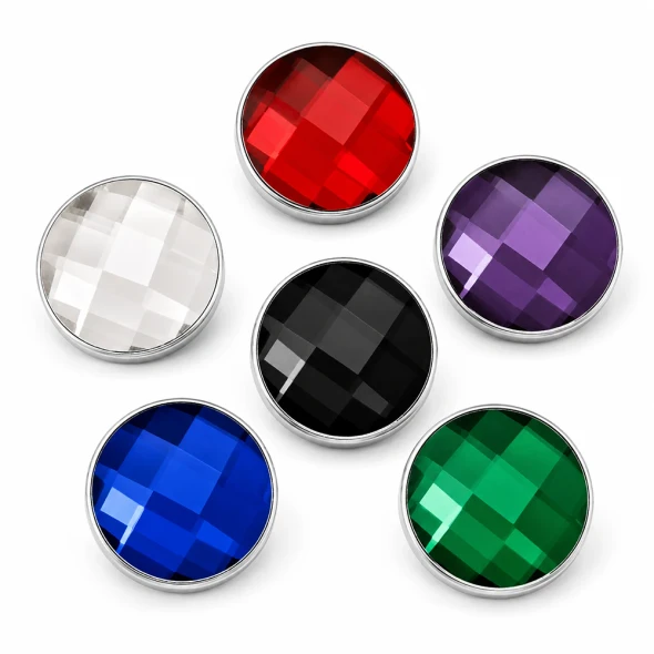 SnapAccents snap jewelry buttons set featuring five round, faceted glass stones in white, black, green, blue, and red colors with silver-tone metal edges, perfect for interchangeable snap charm bracelets, necklaces, and accessories.