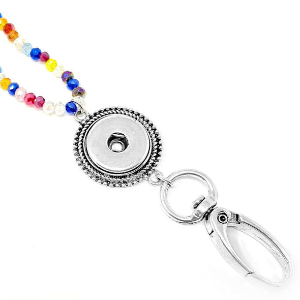 SnapAccents colorful beaded lanyard with silver-tone decorative snap button base, keyring, and lobster clasp, perfect for interchangeable snap jewelry accessories and stylish everyday use.