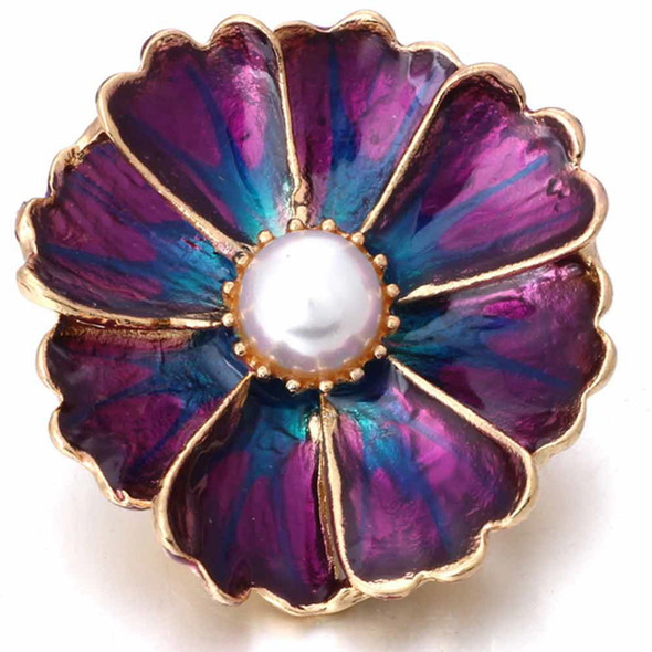 purple flower snap jewelry charm with gold edges and a white pearl center