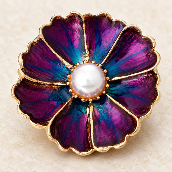 purple flower snap jewelry charm with gold edges and a white pearl center