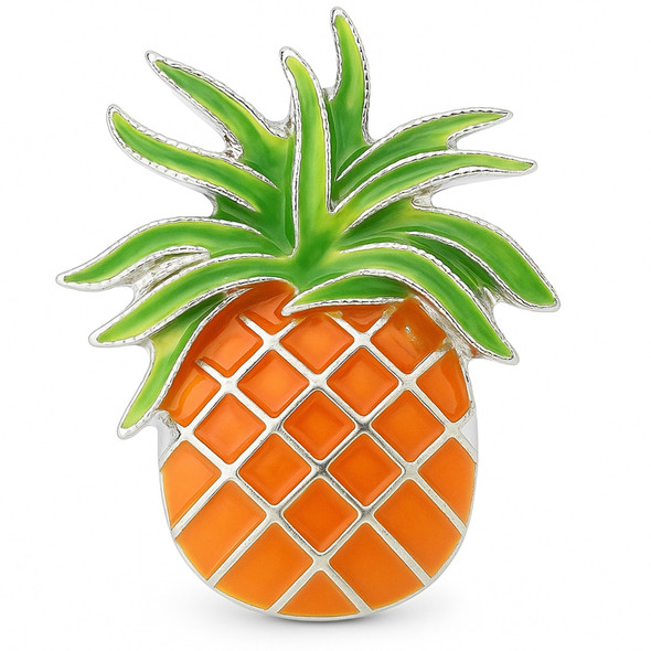 snap jewelry charm shaped like a pineapple with orange enamel body and green enamel leaves outlined in silver