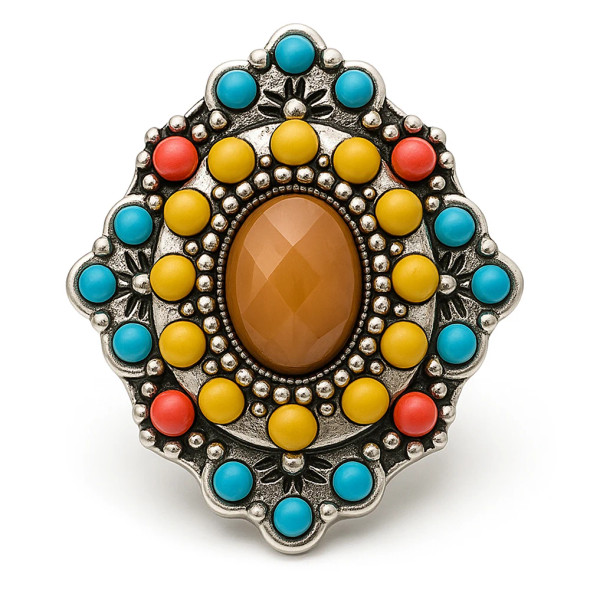 SnapAccents snap jewelry button with large faceted amber center stone, surrounded by yellow, turquoise, and coral round beads set in antique silver-tone metal with intricate floral and beaded detailing, perfect for interchangeable snap charm bracelets and necklaces.