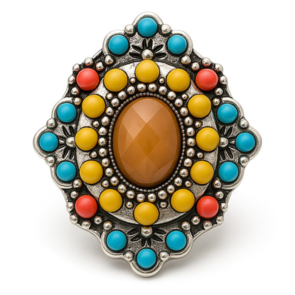 Antique bead snap jewelry charm with a faceted brown center stone surrounded by yellow, aqua, and coral beads in an ornate silver-tone setting