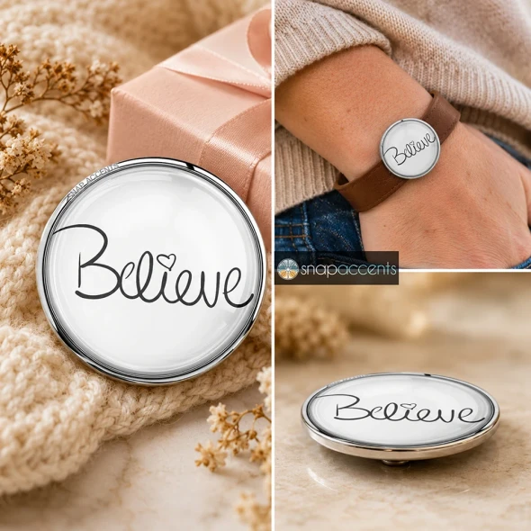 SnapAccents round snap jewelry charm with the word "Believe" in elegant black script and a heart detail, silver metal frame, inspirational accessory for interchangeable snap jewelry, perfect for bracelets, necklaces, and gifts.