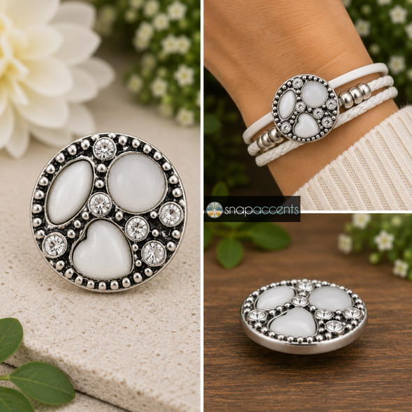 18mm round snap jewelry charm with white and gray stones, clear rhinestones, and a textured silver-tone border shown loose and on a white leather bracelet